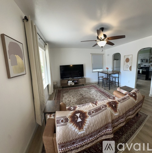 A living room with a rug, a couch, and a television.
