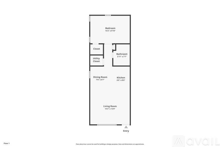 A floor plan of a house with a living room, dining room, kitchen, bathroom, and two closets.
