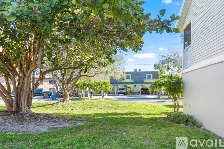 A tree in a yard with a house in the background.