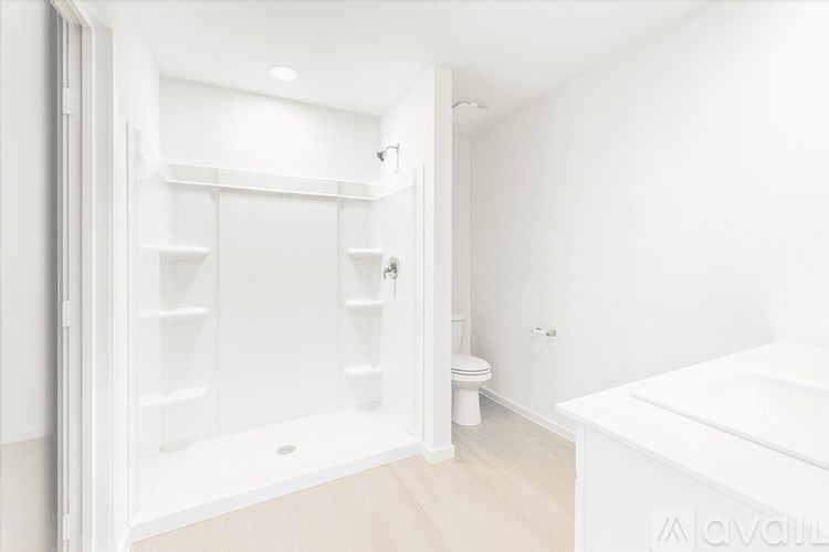 A white bathroom with a walk-in shower and a toilet.