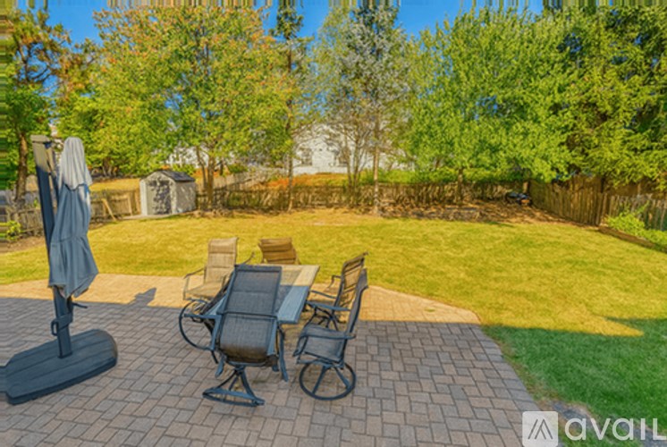 A patio with a table and chairs is surrounded by a grassy area and trees.