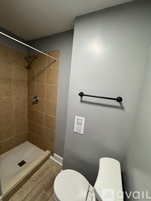 A small bathroom with a toilet and a walk in shower.