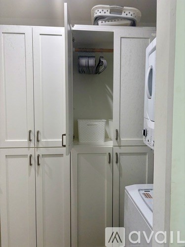 A white cabinet with a washing machine and dryer in it.