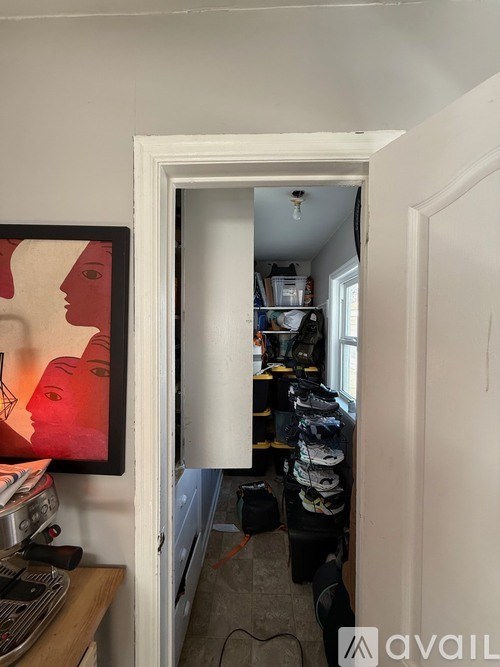 A room with a painting of a woman's profile on the wall and a doorway leading to a cluttered hallway.