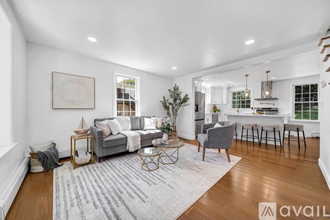 A living room with a grey couch and a white rug.