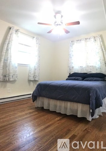 A bedroom with a bed, a ceiling fan, and two windows.