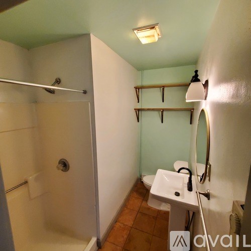 A bathroom with a white sink and a shower with a glass door.
