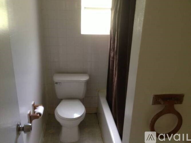 A white toilet in a bathroom with a brown door.
