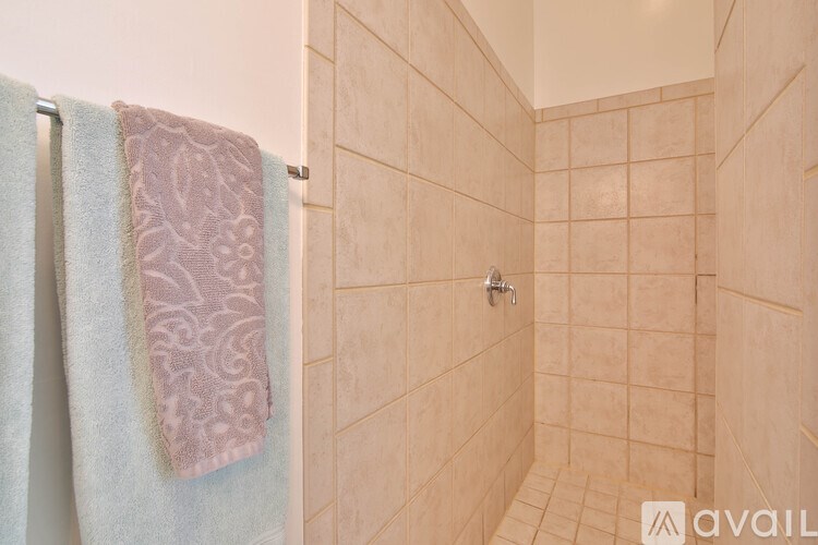 A bathroom with a shower and a towel hanging on the shower rod.