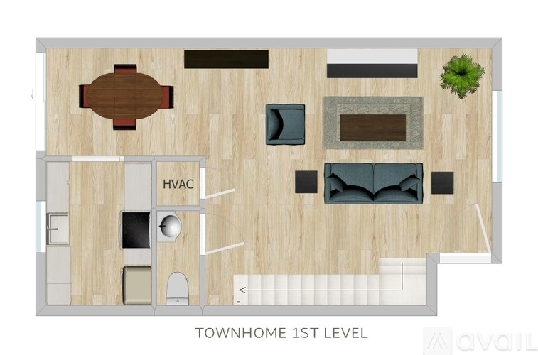 A floor plan of a first-level townhome with a dining area, living room, and kitchen.