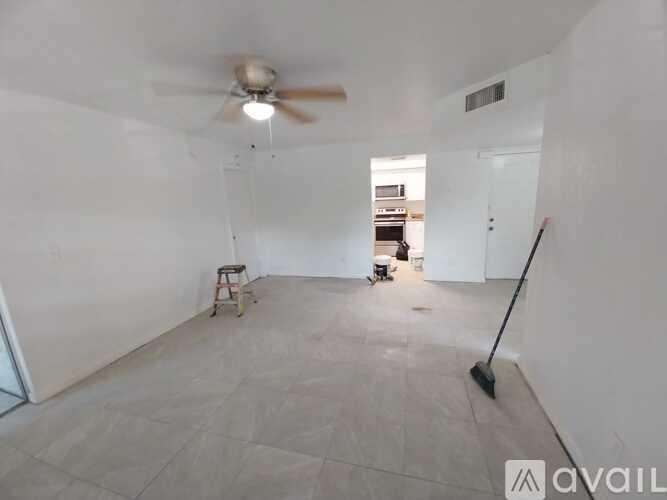 A room with a ceiling fan and a broom is available for rent.