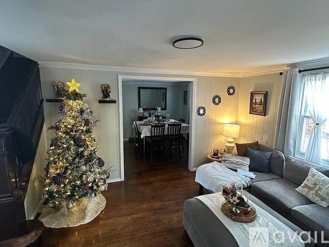 A living room with a Christmas tree and a grey couch.