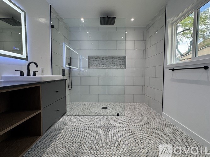 A modern bathroom with a walk-in shower and a large mirror.