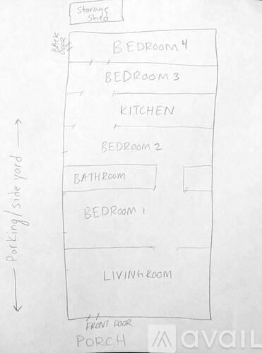A drawing of a floor plan for a house with labeled rooms.