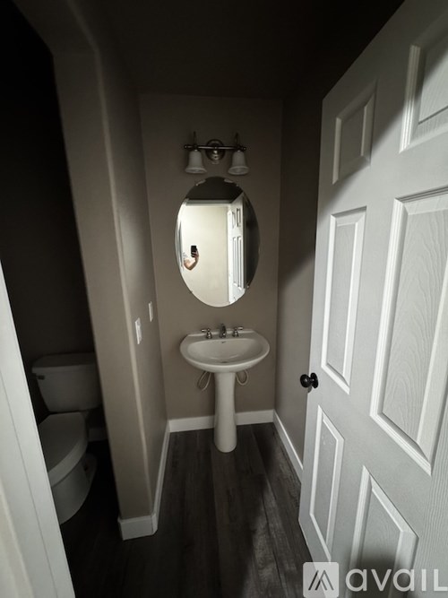 A small white sink is in a bathroom with a toilet and a door.