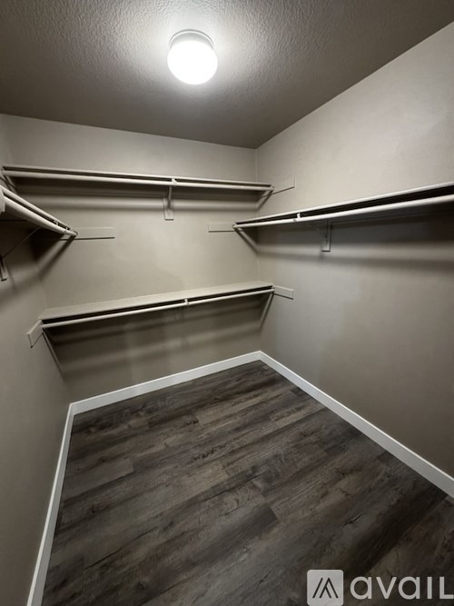 A walk-in closet with shelves and a light on the ceiling.
