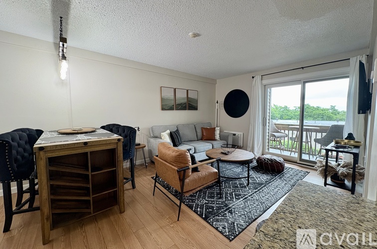 A living room with a black and white rug, a wooden cabinet, a sofa, a chair, and a table.