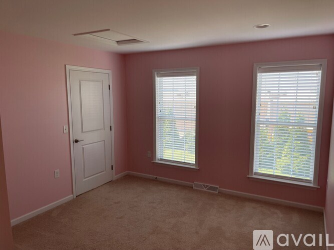 A room with a door, two windows with blinds, and a carpeted floor.