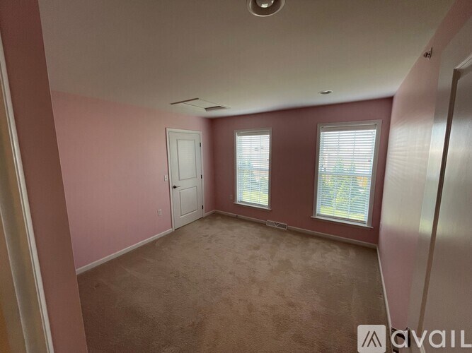 A room with pink walls and a carpeted floor.