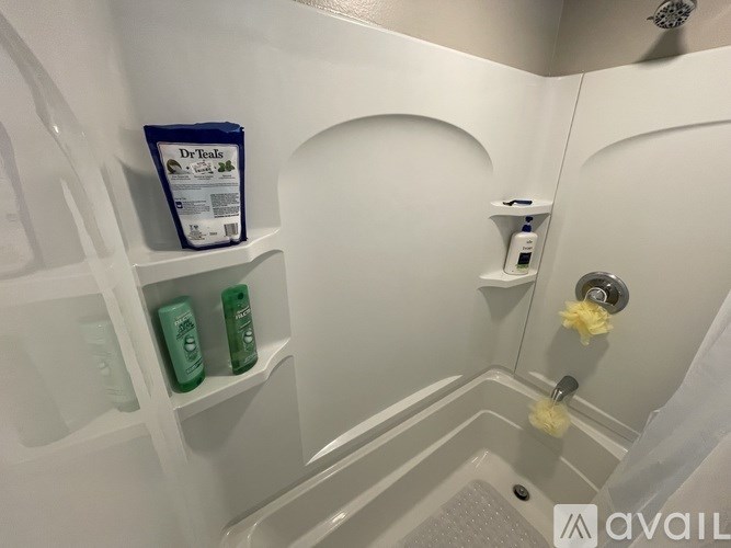 A shower area with a shelf containing Dr. Teal's products.