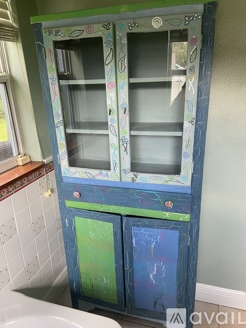 A cabinet with a blue and green design is in a bathroom.