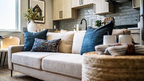 A living room with a couch and a basket on it.