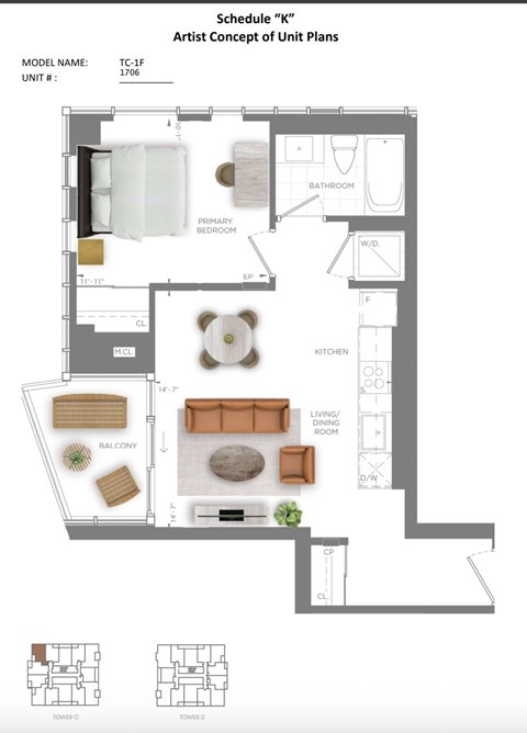 A floor plan of a TC-1F apartment with a living room, dining room, kitchen, and bathroom.