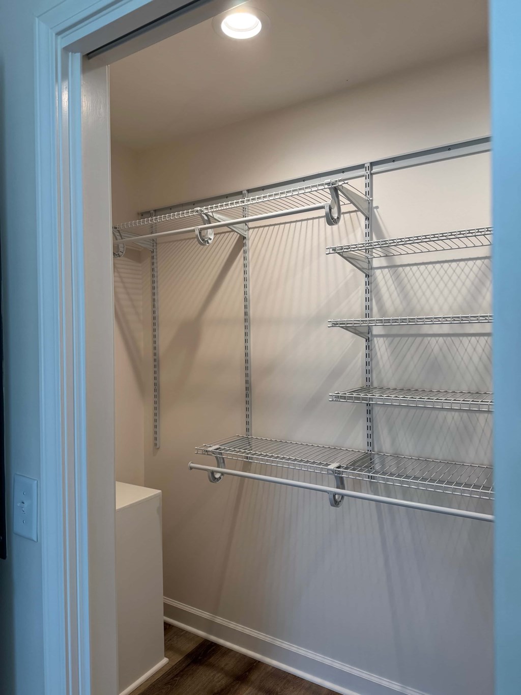 A white door opens to a walk-in closet with shelves and a white pedestal.