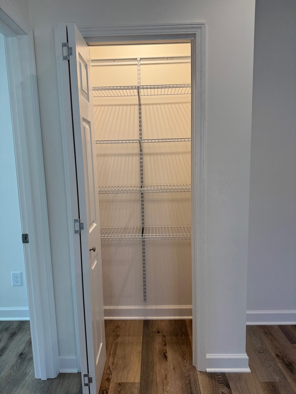 A white door is open to a pantry with a white interior.