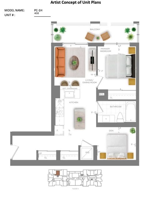 A floor plan of a unit with a living room, dining room, kitchen, and bathroom.