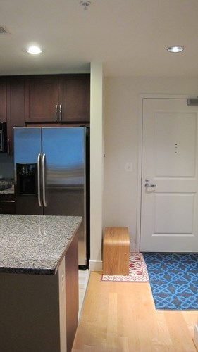 A kitchen with a refrigerator and a door.