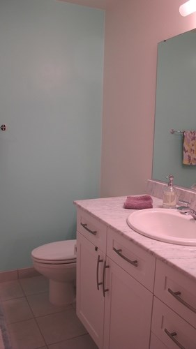 A bathroom with a toilet, sink, and cabinets.