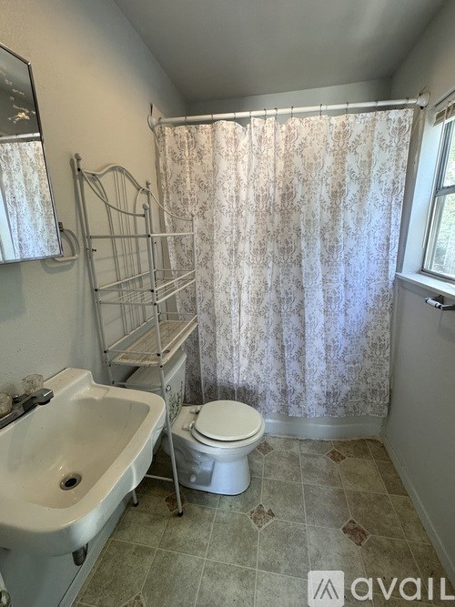 A bathroom with a white sink, toilet, and shower curtain.