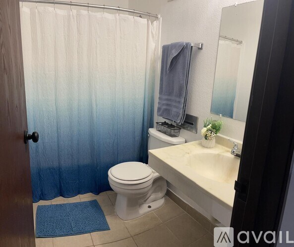 A bathroom with a toilet, sink, and shower curtain.