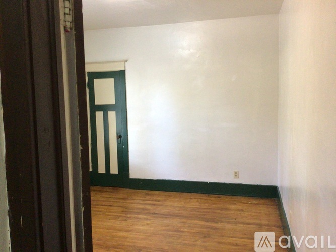 A room with a green door and wooden floor.