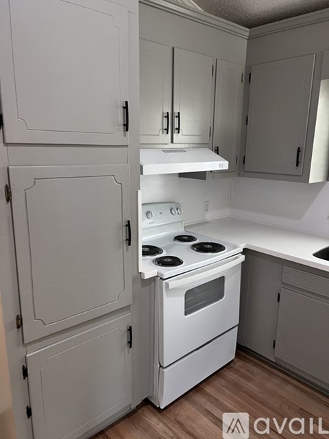 A white kitchen with a stove and cabinets.