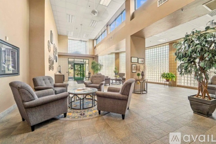 A living room with a large window, a sofa, a chair, a coffee table, and a potted plant.