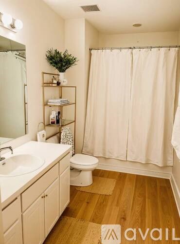 A small bathroom with a white toilet, sink, and shower curtain.