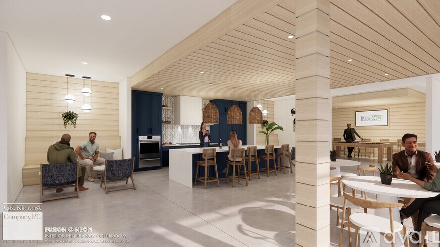 A modern interior with people sitting and talking.