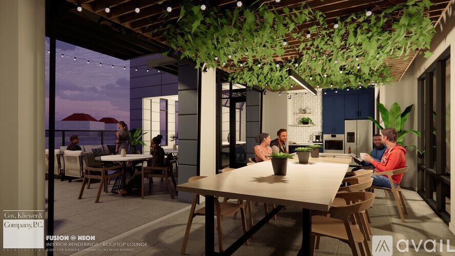 A rendering of a lounge with people sitting and standing around tables.