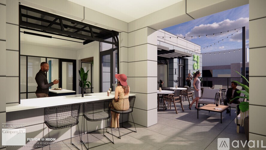 A rendering of a modern outdoor cafe with people sitting and standing around.