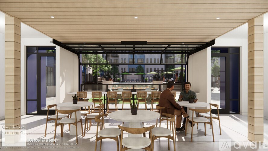 A modern outdoor dining area with wooden furniture and a glass roof.