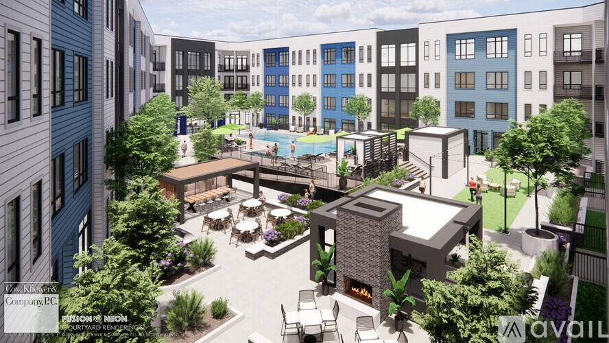 A rendering of a courtyard surrounded by apartment buildings with a pool and a fireplace.