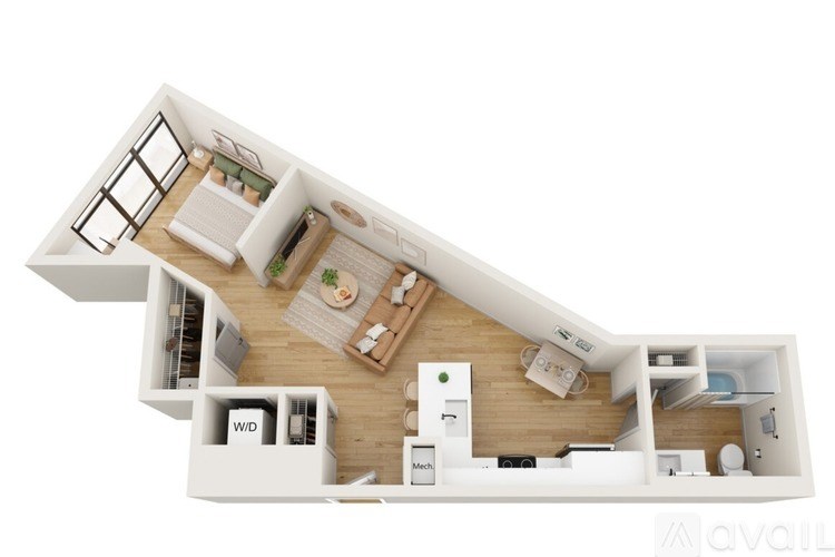 A 3D image of a house layout with a kitchen, living room, and bathroom.