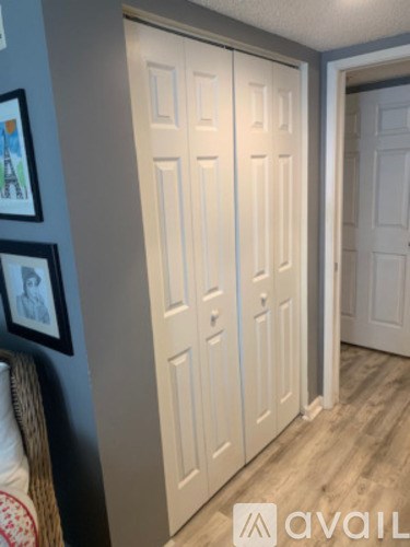 A white closet door with a picture on the wall.