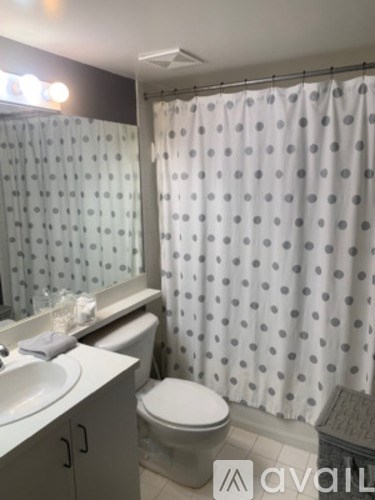 A bathroom with a toilet, sink, and shower curtain.