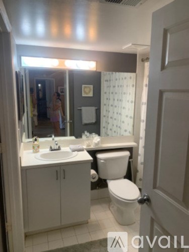 A bathroom with a toilet, sink, and mirror.