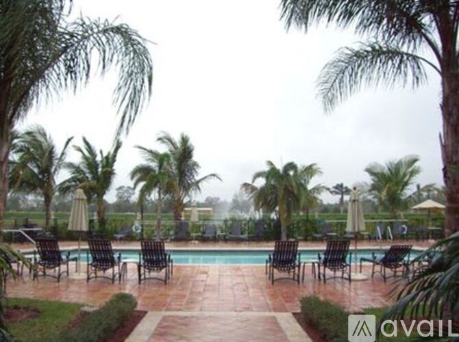 A pool surrounded by palm trees and chairs.