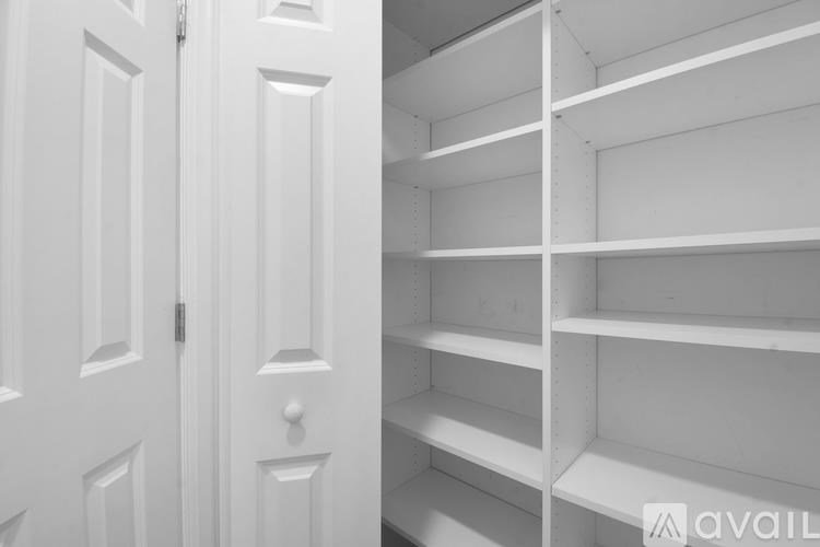 A white door is open to a white shelving unit.