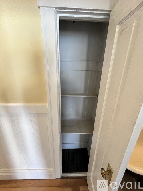 A white door is open to a small pantry.